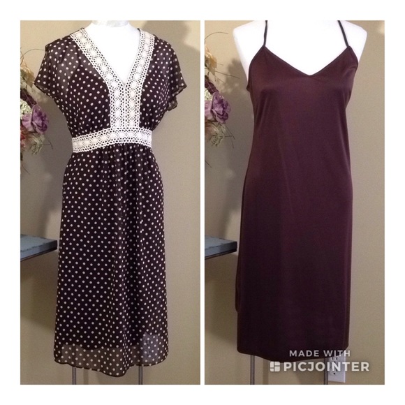 madison leigh Dresses & Skirts - NEW 2 pc Sheer Slip dress Polkadot Cap Sleeve Tie Back V-neck Embroidery size 10